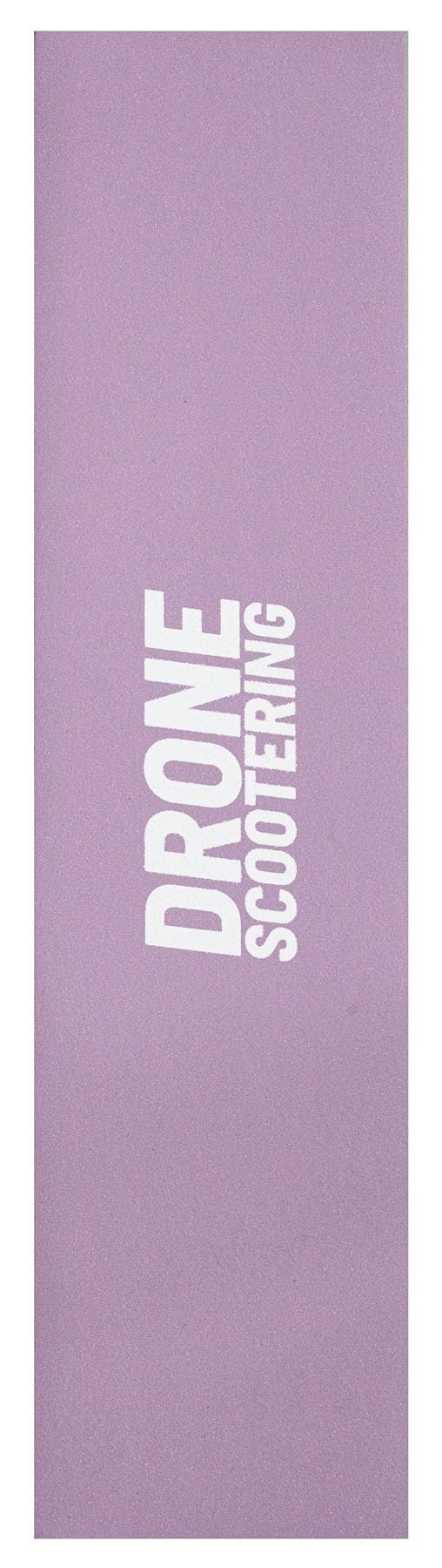 A purple rectangular stunt scooter griptape by Drone features "Scootering" in white, printed vertically.