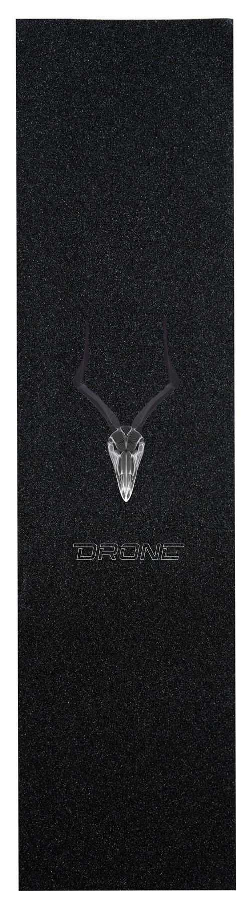 The Drone Prism Glitter Stunt Scooter Griptape in black features a textured surface with a stylized silver animal skull and antlers, "DRONE" underneath, and a subtle prismatic effect for customization.