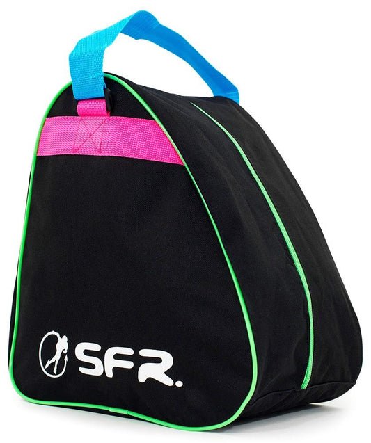 The SFR Vision Skate Bag - Disco by SFR is a black skate bag adorned with a blue handle and pink accents. It includes green piping and showcases the iconic white "SFR" logo featuring a skater. This stylish, water-resistant bag is perfect for keeping your accessories dry.