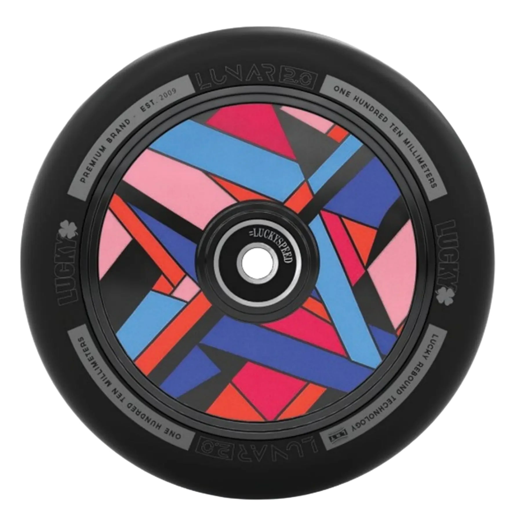 The Lucky Lunar 110mm Stunt Scooter Wheel - Abstract features a vibrant geometric design in pink, red, blue, and black. "LUCKY" and "LUNARO" emphasize Lucky Rebound Technology on the rim. Ideal for stunt scooters, its black core showcases the brand name at the center.