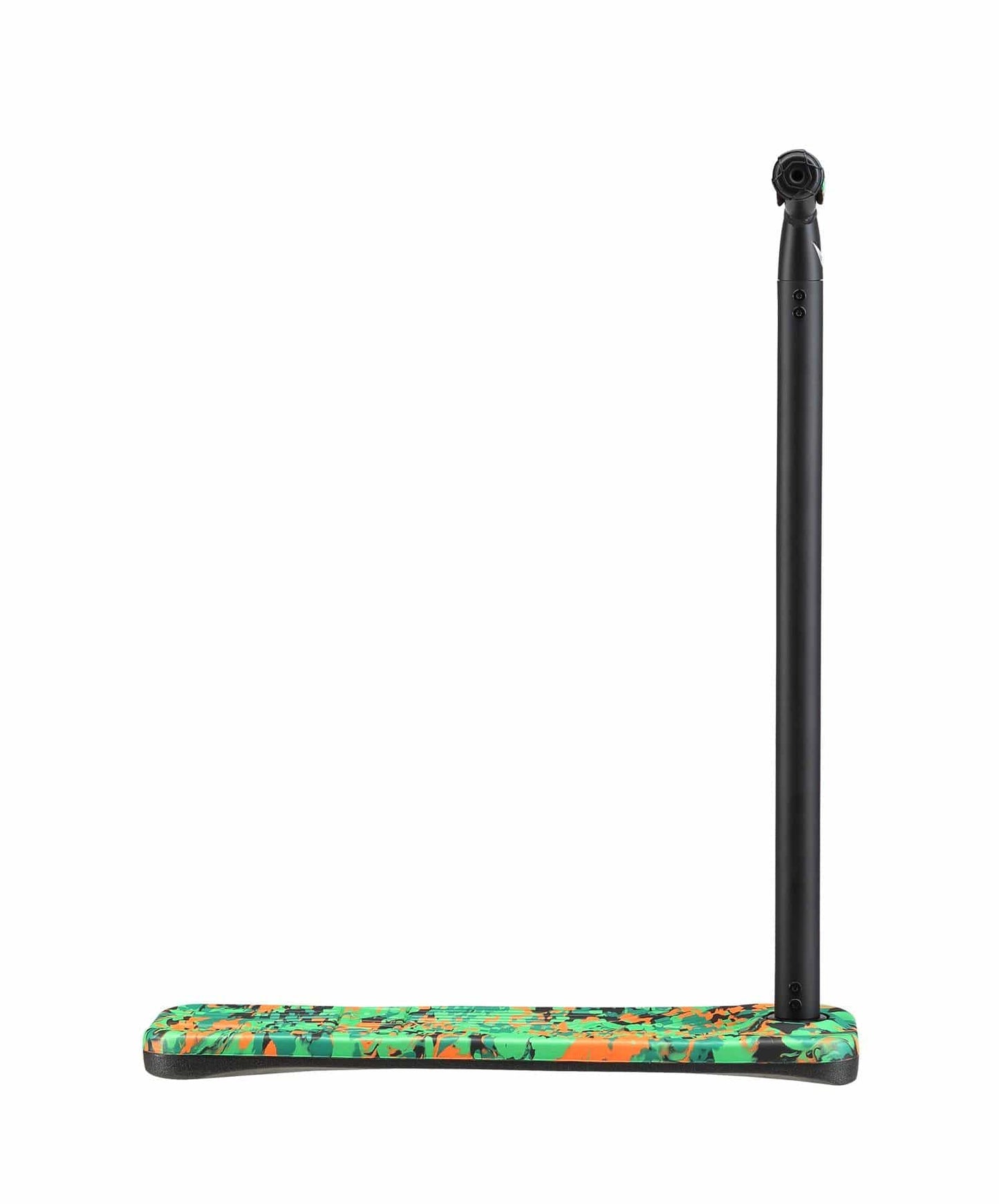 The Blunt Envy TS Pro 6 Indoor Trampoline Stunt Scooter in Orange Camo showcases a vibrant multicolored scooter deck alongside its tall black handlebars. Its striking design, featuring green, orange, and black patterns against a plain white background, delivers a bold look perfect for riders seeking both style and performance in their training scooters.