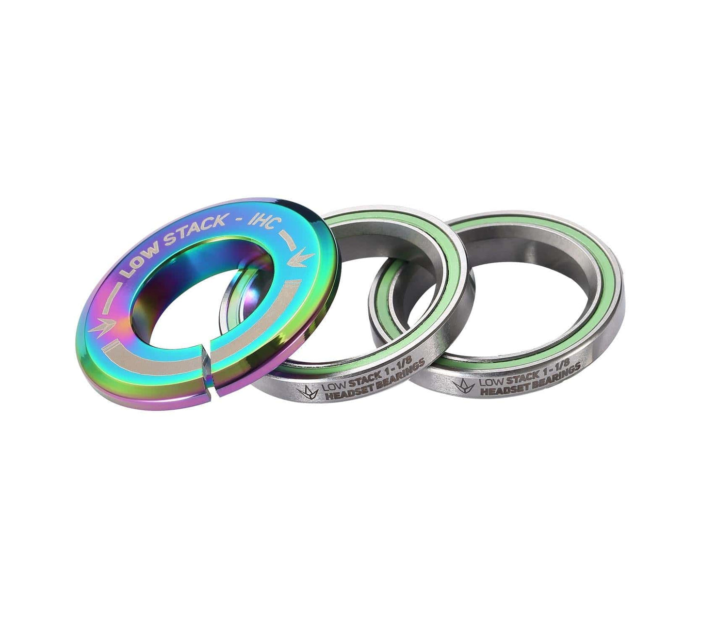 The Blunt Envy Low Stack IHC Integrated Stunt Scooter Headset in Oil Slick Neochrome by Blunt Envy includes vibrant, metallic spacers with a shiny iridescent finish. The polished silver bearings feature engraved details, making them ideal for riders utilizing an IHC Compression System.