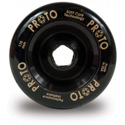 Close-up of a black Proto Gripper Full Core 110mm stunt scooter wheel, featuring gold lettering and the phrase "Proto Murders bearings." This wheel incorporates BUFF Core technology and "Performance Urethane," with "Made in USA" proudly displayed on its side.