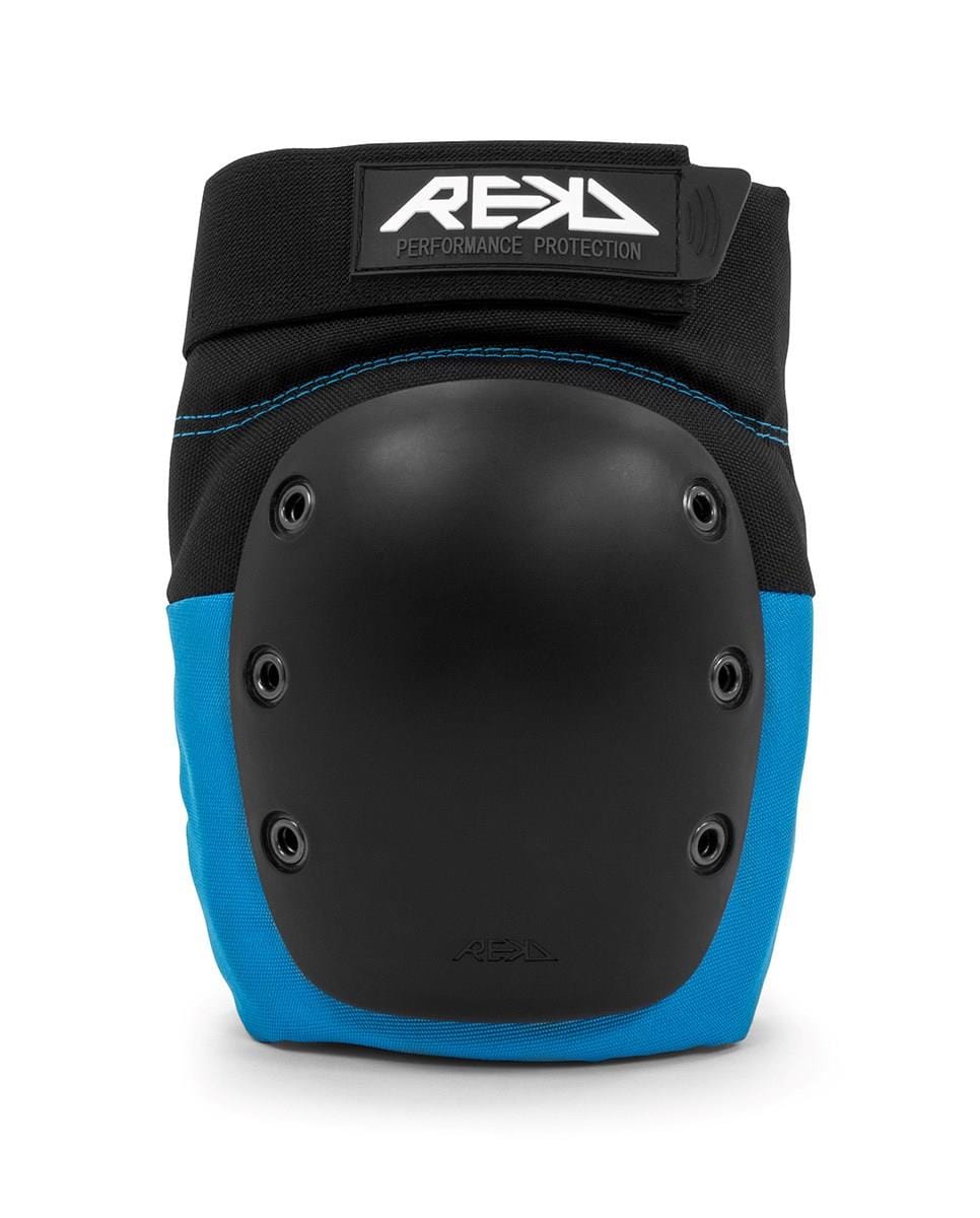 The REKD Ramp Knee Pads - Black / Blue by REKD cater to action sports enthusiasts with their sleek black and blue design and durable hard protective shell. Featuring "Performance Protection," these knee pads deliver outstanding impact resistance for individuals who push their limits.