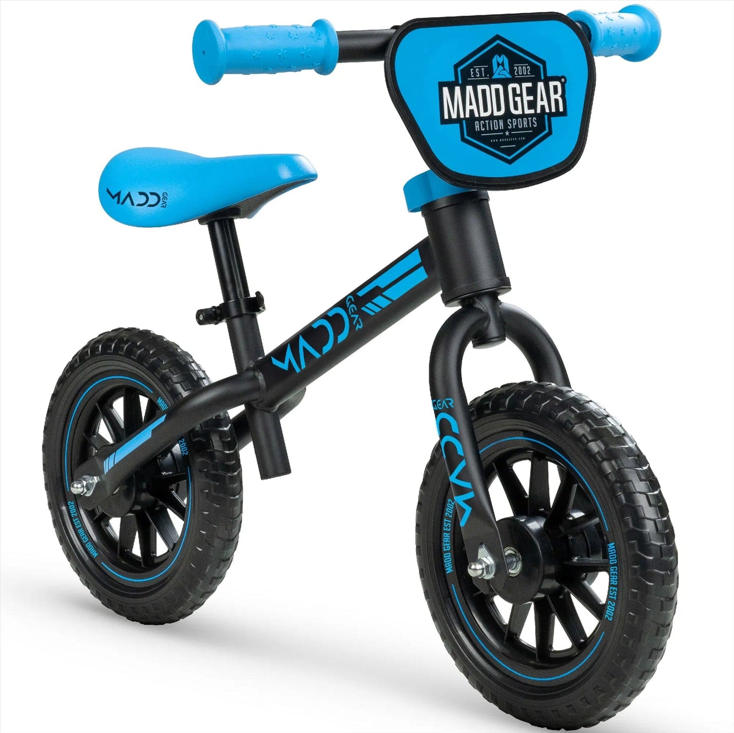 The Madd Gear My 1st BMX Balance Bike in black and blue has "Madd Gear" branding on the front number plate and handlebars. It features airless tires, an adjustable seat, no pedals, and a minimalist frame, ideal for young children learning to ride.