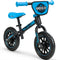 The Madd Gear My 1st BMX Balance Bike in black and blue has "Madd Gear" branding on the front number plate and handlebars. It features airless tires, an adjustable seat, no pedals, and a minimalist frame, ideal for young children learning to ride.