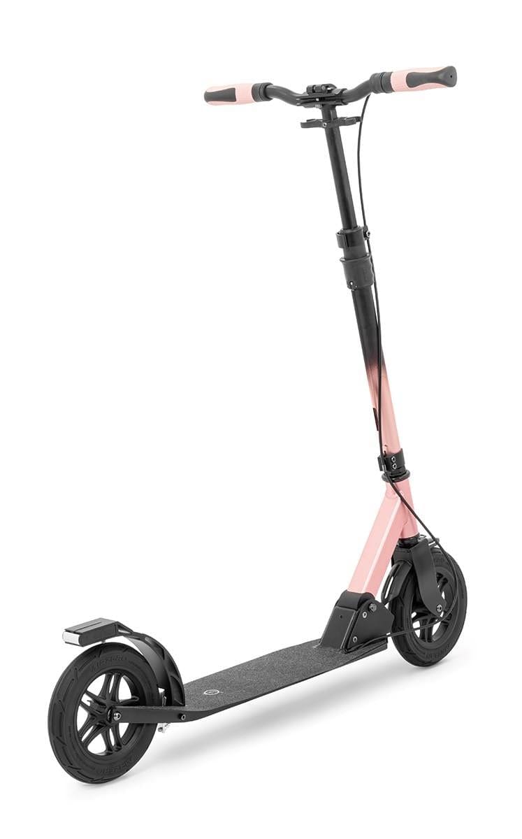 Introducing the Frenzy 205mm Air Zero Foldable Commuter Scooter in Black/Rose, a stylish scooter designed for easy commuting. It boasts large tubeless rubber tires and features a convenient foldable mechanism. The sleek design includes straight handlebars with rose-colored grips, and the textured deck guarantees traction on every ride.