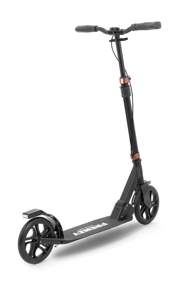 A Frenzy 205mm Dual Brake V4 Foldable Commuter Scooter in black, featuring large wheels and a robust frame. It is equipped with handlebars with grips, a prominent kickstand, and a cable folding system. The deck has a textured surface for enhanced grip against a plain white backdrop.