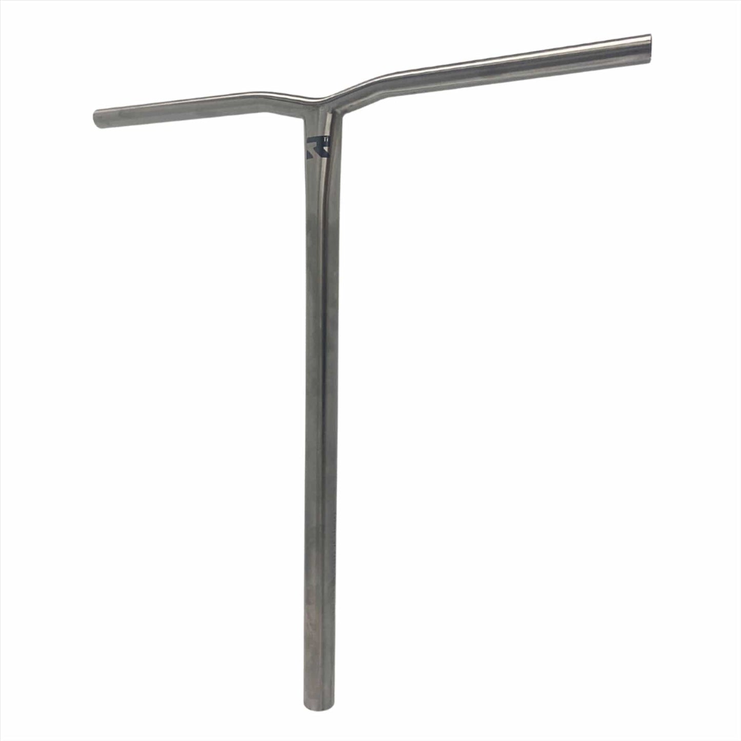 The Root Industries AIR Titanium Oversized HIC Stunt Scooter Bars in Raw feature a shiny, metallic T-shaped design with a central post and two symmetrical grips at the top. Crafted from titanium, these handlebars have a smooth, polished surface that combines lightweight construction with durability, making it ideal for stunt enthusiasts.