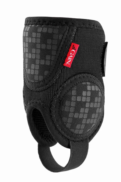 A pair of black neoprene ankle protectors from GAIN with a textured pattern and a distinctive red label featuring white text. These protectors offer reinforced stitching and an ergonomic design aimed at enhancing joint stability and impact protection, all while ensuring comfort in a lightweight package.