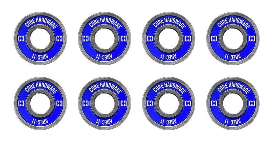 The CORE ABEC 11 Skateboard Bearings - 8 Pack showcases eight high-quality bearings, featuring blue and silver labeling with "CORE HARDWARE" and "ABEC-11" prominently displayed. The sides display "C3," highlighting their precision, all neatly arranged in two rows.