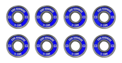 The CORE ABEC 11 Skateboard Bearings - 8 Pack showcases eight high-quality bearings, featuring blue and silver labeling with "CORE HARDWARE" and "ABEC-11" prominently displayed. The sides display "C3," highlighting their precision, all neatly arranged in two rows.