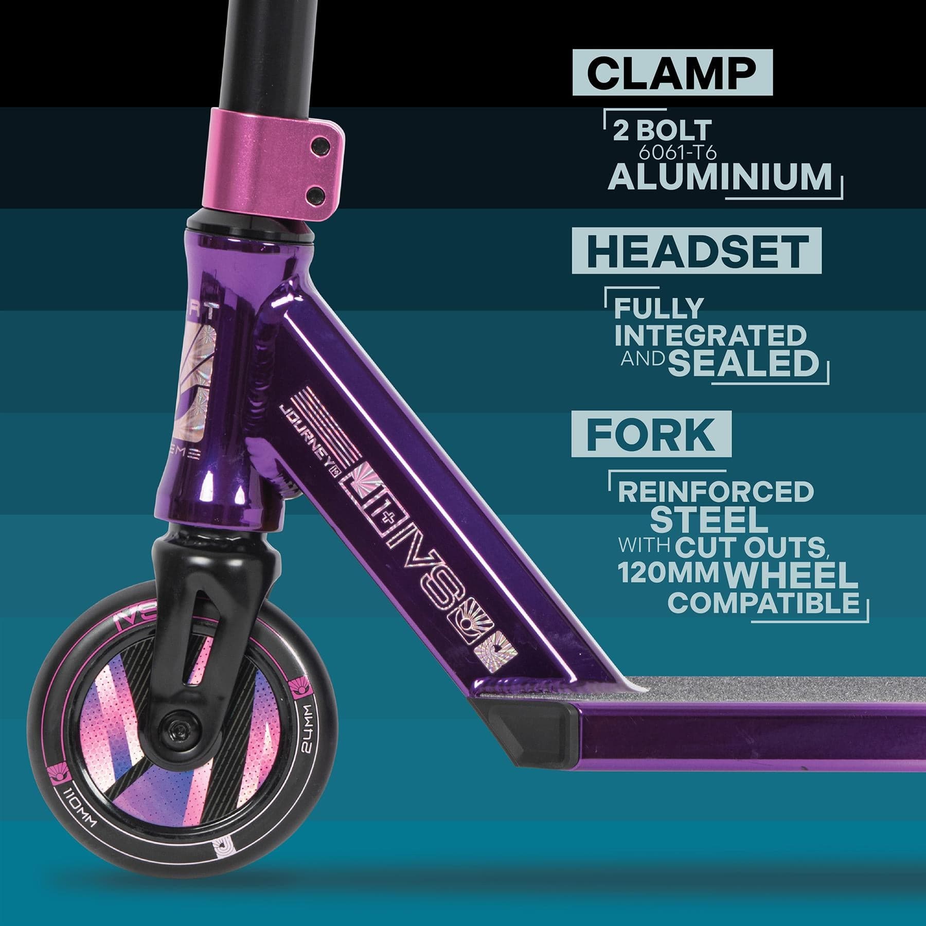 Close-up of the Invert Supreme Journey 1+ Jamie Hull Stunt Scooter in Tri Electro Pink/Purple, showcasing a vibrant purple design with a 2-bolt 6061-T6 aluminum clamp, fully integrated and sealed headset, reinforced steel fork featuring cutouts, and a sturdy 6061 aluminum deck. It is compatible with both 120mm and sleek 110mm hollowcore wheels.