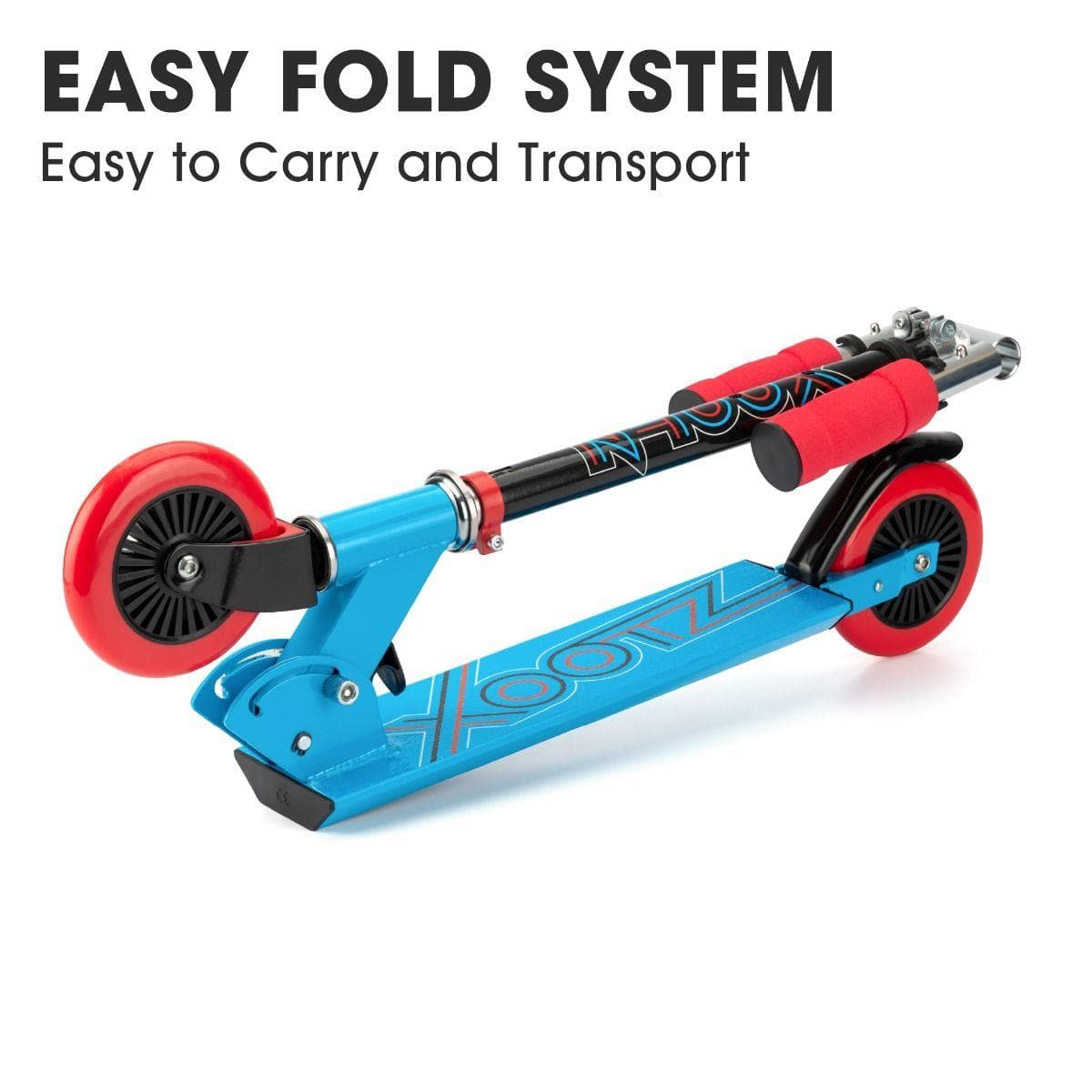 A blue Xootz Electron Foldable Kids Scooter with red accents features a lightweight design and prominent "Xootz" branding. The text highlights the "EASY FOLD SYSTEM - Easy to Carry and Transport," along with adjustable handlebars for a personalized fit.