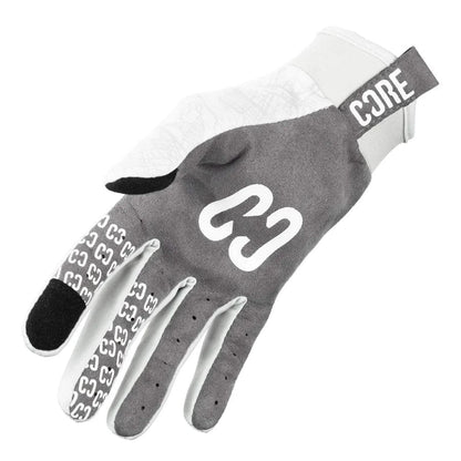 The CORE Aero Skate Protection Gloves - Kieran Reilly Signature White feature a sleek gray and white design with "CORE" branding on the strap and a striking "C3" logo on the back. These touch screen friendly gloves exhibit a repeating "C3" pattern on the index and middle fingers, providing a Skin Fit design for maximum comfort.