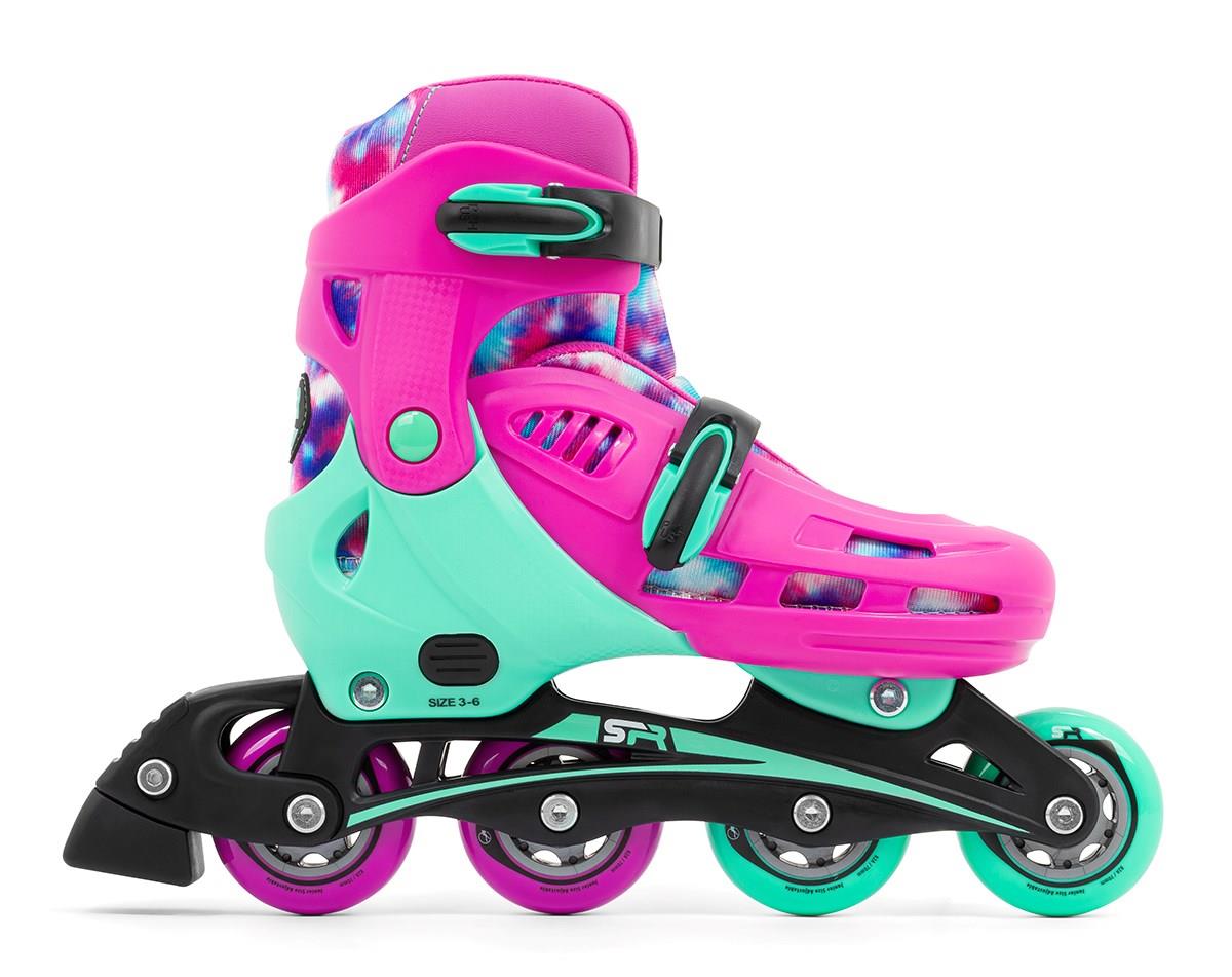 The SFR Cyclone II Adjustable Inline Skates - Tie Dye by SFR features a striking tie-dye design in pink, teal, and black. These skates are equipped with durable PU wheels that coordinate with the pink boot. They include adjustable straps and a hard shell for enhanced support. The adjustable sizing system ensures an optimal fit, highlighted by the teal accents on the black frame.