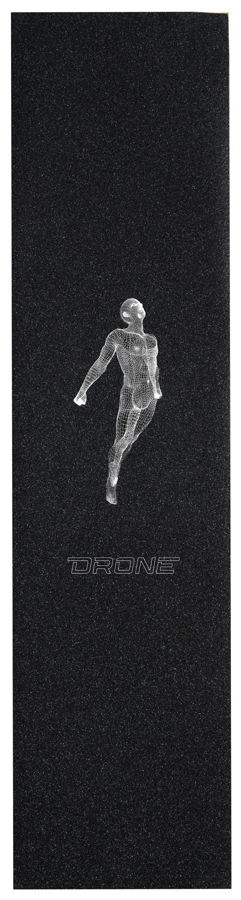 A sleek black Drone Stunt Scooter Griptape - Flying, showcasing a white line-drawn figure in motion with "DRONE" boldly underneath, is perfect for stunt riders and ideal for Drone enthusiasts.