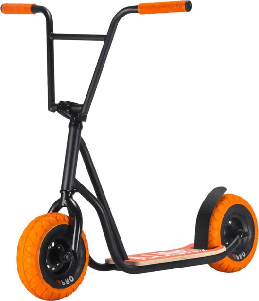 The Rocker Rolla Big Wheel Complete Scooter - Black, crafted by Rocker, showcases a striking black and orange design with robust Hi-Ten steel construction. Ideal for extreme trick riding, it features chunky orange tires, vibrant orange grips on the handlebars, and a sleek black foot platform accented with an eye-catching orange and white design.