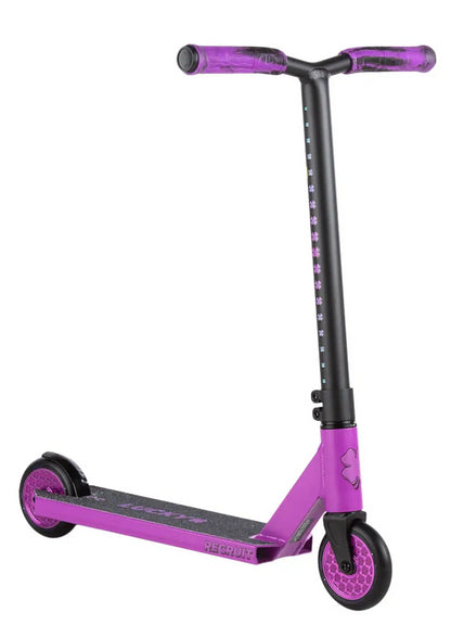 The Lucky Recruit 2025 Complete Stunt Scooter - Motion Purple by Lucky showcases a sleek purple design with a black handlebar and stem. It features two wheels, a textured deck, and matching purple-accented grips for a cohesive look.