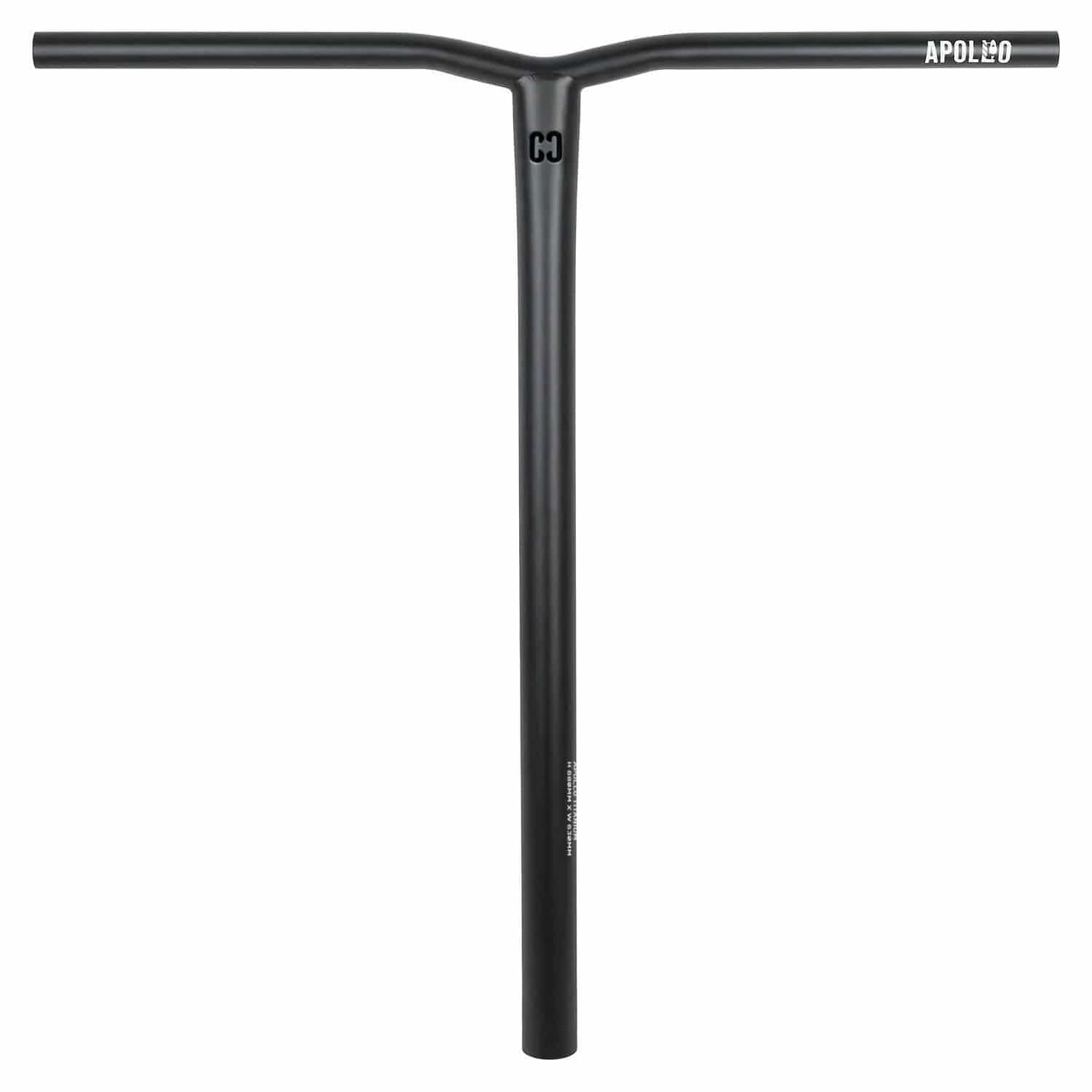 The CORE Apollo V2 Titanium Oversized HIC stunt scooter bars in black feature a T-shaped design with a sleek matte finish. The word "Apollo" is elegantly printed in white near the top, providing durability and style for any rider. Measuring 680mm by 630mm, these premium titanium bars deliver both functionality and a fashionable edge.