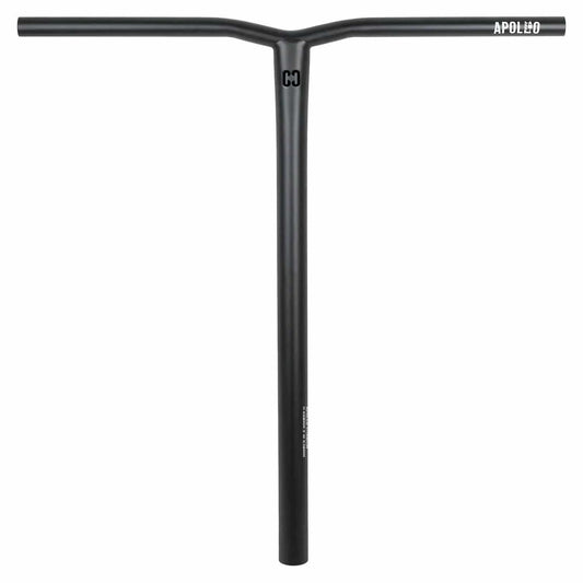 The CORE Apollo V2 Titanium Oversized HIC stunt scooter bars in black feature a T-shaped design with a sleek matte finish. The word "Apollo" is elegantly printed in white near the top, providing durability and style for any rider. Measuring 680mm by 630mm, these premium titanium bars deliver both functionality and a fashionable edge.