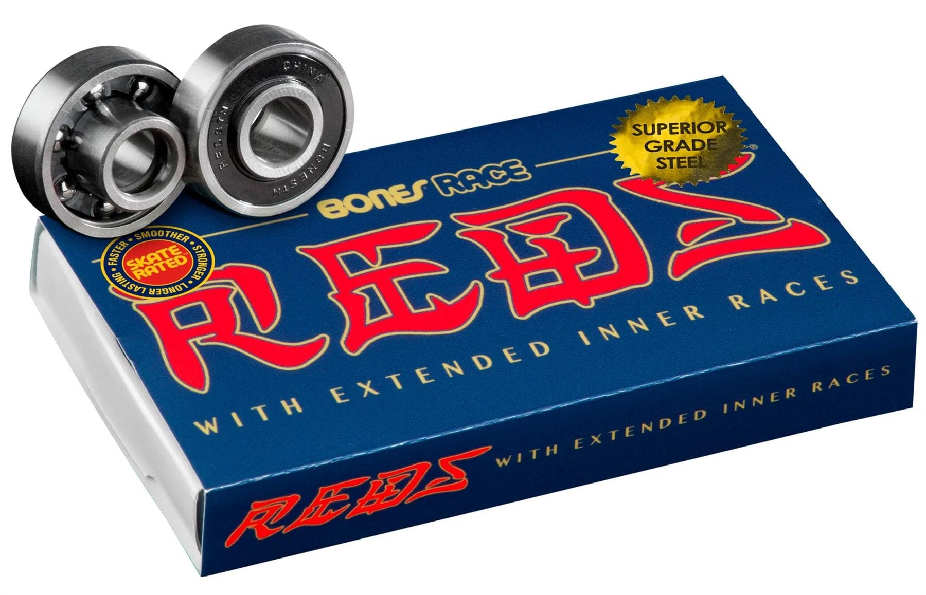 The Bones Race Reds 8 Pack skateboard bearings are showcased with vibrant branding, revealing two precision-ground steel bearings and extended inner races. The emblem states "Superior Grade Steel" and "Skate Rated" to ensure top performance.