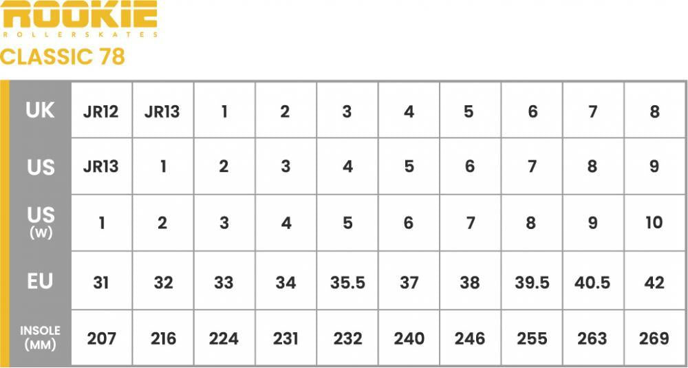 Size chart for the Rookie Classic 78 Quad Roller Skates - Yellow, by Rookie: UK sizes JR12-8, US sizes JR13-9 and women's 1-10, EU sizes 31-42, insole lengths 207mm-269mm. Vegan-friendly.