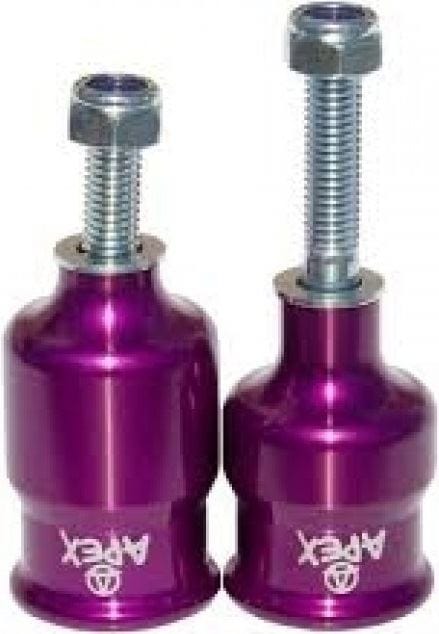 The Apex Coopegs Stunt Scooter Pegs in purple are crafted from aluminium and feature a glossy finish with the "APEX" logo near the base. These metal pegs come with a long threaded rod and a hexagonal nut at the top, making them distinctly eye-catching.