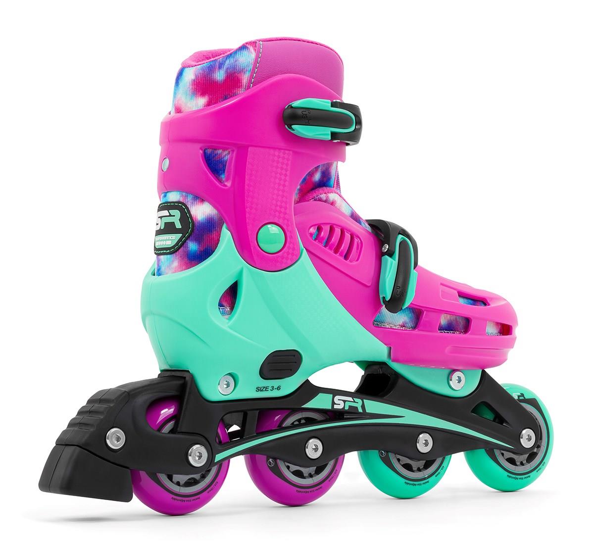 The SFR Cyclone II Adjustable Inline Skates - Tie Dye from SFR showcase a lively pink and teal color scheme coupled with a unique tie-dye ankle design. These skates are equipped with sturdy PU wheels on an elegant black frame, featuring adjustable straps and a sizing system for customization, along with a black heel brake for effortless control.