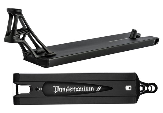 Image of the Ethic DTC Pandemonium V2 Boxed Black Stunt Scooter Deck, measuring 5.5" x 22.8", showcasing an ultra-lightweight and streamlined design with a reinforced aft and "Pandemonium" printed on the bottom, perfect for stunt or freestyle scooters.