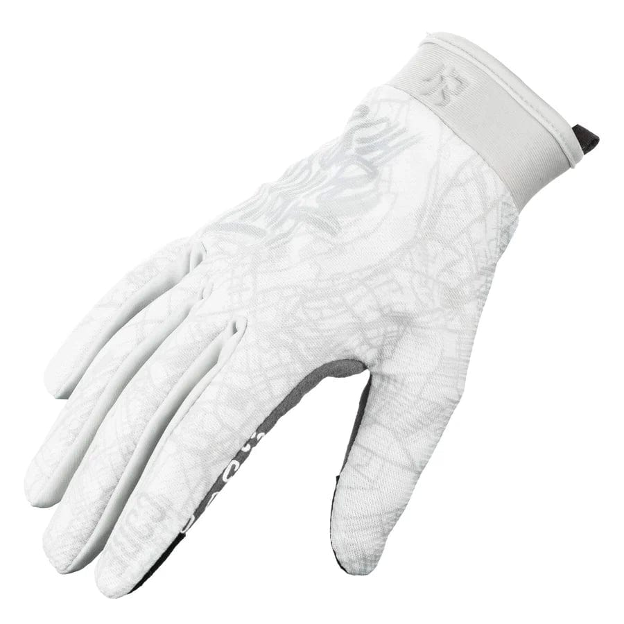 Introducing the CORE Aero Skate Protection Gloves, part of the Kieran Reilly Signature White collection: a single, white glove adorned with detailed gray patterns and a cross-like design on top. The elastic cuff provides a secure fit, and the dark palm is equipped with a grip-enhancing design for improved control.