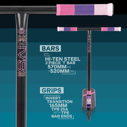 Image of the Invert Supreme Journey 1+ Jamie Hull Stunt Scooter in Tri Electro Pink and Purple highlighting its features. Ideal for young riders at the skatepark, it features a black and purple Hi-Ten Steel 2-piece "T" bar, measuring 570mm tall and 520mm wide. The Invert Transition grips are 165mm with TPR 25A and TPE bar ends, offering both style and performance.