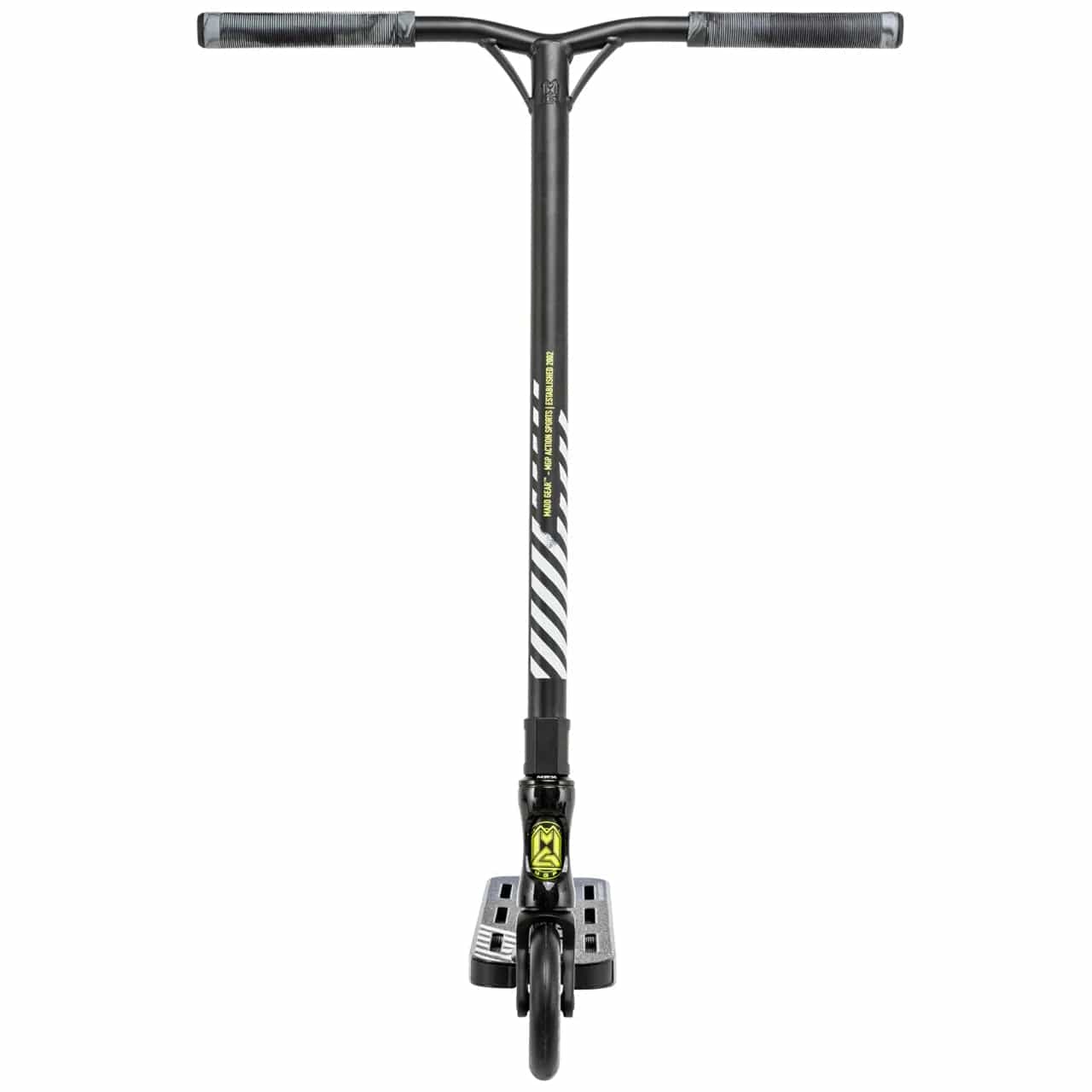 Introducing the Madd Gear MGP VX Origin Team Edition Complete Stunt Scooter in Chrome Black, featuring a sleek design with a T-shaped handlebar enhanced by textured grips. The deck showcases a striking striped pattern adorned with a bold yellow logo, ensuring long-lasting performance. Its lightweight construction provides emphasis on the front wheel, securely supported by a robust fork connected to the deck for optimal stability.