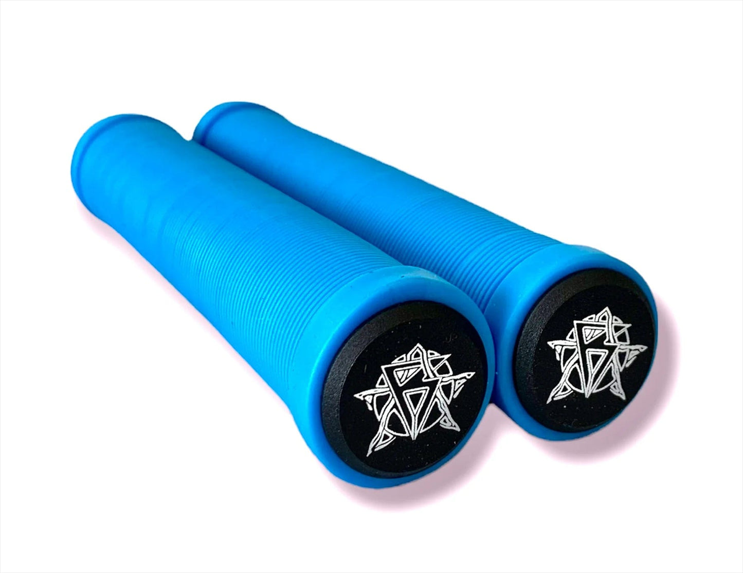 Positioned side by side are two Revolution Blue Stunt Scooter Grips, each measuring 172mm. Crafted from high-grade TPR, these grips feature a textured surface for added grip. The ends are capped with black tips adorned with a distinctive white geometric star pattern. The scene is set against a plain white background.