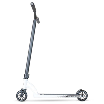 The MGP VX Origin III 500 Complete Stunt Scooter features a lightweight deck and sleek black-and-white design with a long handlebar and sporty wheels. "Madd Gear" is displayed on the minimalist deck, making it ideal for those seeking stylish stunt scooters.