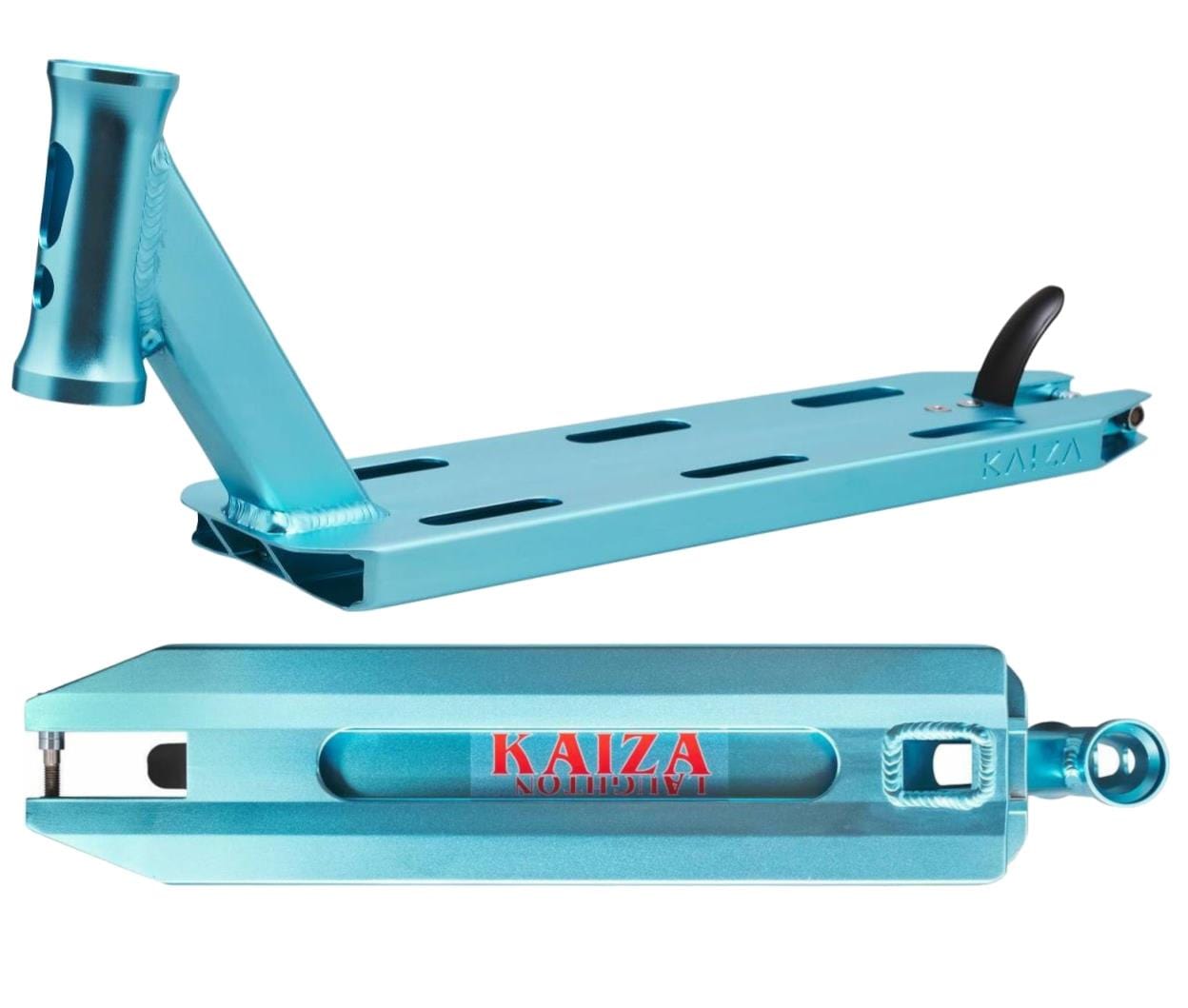 The Longway S-Line Kaiza+ Teal Stunt Scooter Deck, measuring 4.5" x 19", is crafted from 6061 T6 Aluminium and features cutout slots for a lightweight design along with a reinforced neck area. Displayed from both side and bottom views, it exudes a sleek and durable appearance, ideal for freestyle scootering.