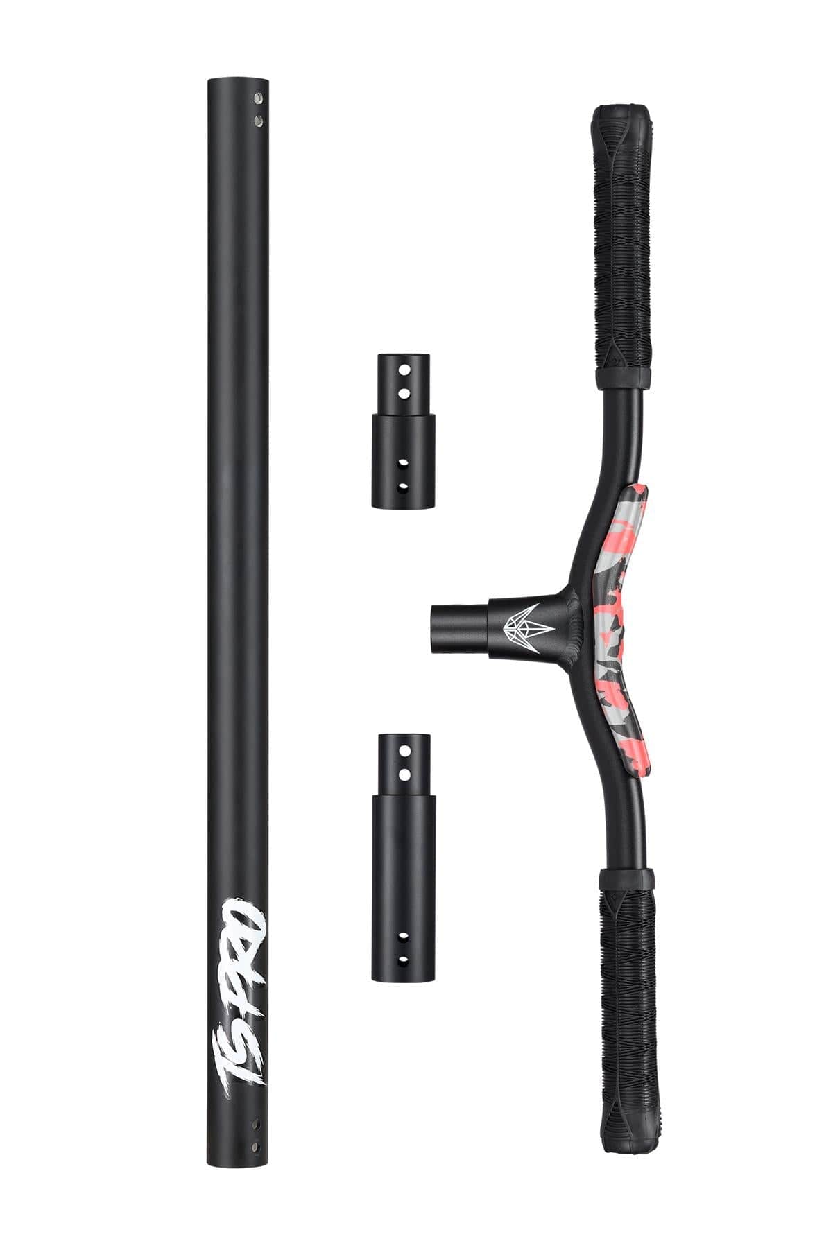 A disassembled handlebar set from the Blunt Envy TS Pro 7.5 Indoor Trampoline Stunt Scooter - Red Camo, featuring black grips, a long vertical bar with "ISPRO" printed on it, and two connecting pieces. The shorter piece showcases a red geometric design near the handles, integrating smoothly into this Blunt Envy setup.