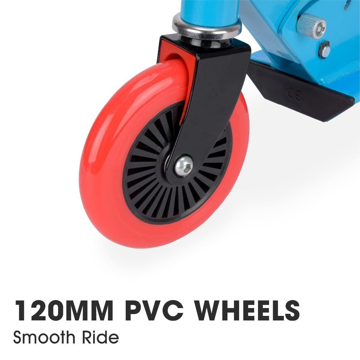 Close-up of a red 120mm PVC wheel attached to the blue Xootz Electron Foldable Kids Scooter, featuring a black mounting bracket. Text below reads "120MM PVC WHEELS" and "Smooth Ride." Enhance your experience with an adjustable handlebar and lightweight frame for easy maneuvering.