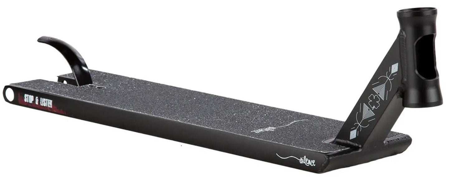 Introducing the Longway Chris Farris Signature V1, a pro scooter deck featuring grip tape and a 6" x 22" size in black. Its sleek design includes a geometric neck pattern, curved brake, and prominent logo on the side.