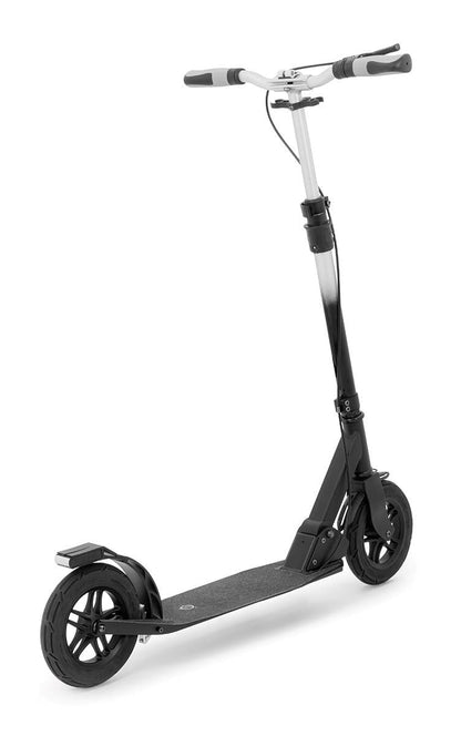 The Frenzy 205mm Air Zero Foldable Commuter Scooter, in striking black and silver, boasts an anodized finish, a textured deck, and two large tubeless rubber tires. It features adjustable handlebars with black and gray grips and a rear fender brake, making it stand out beautifully against the white background.