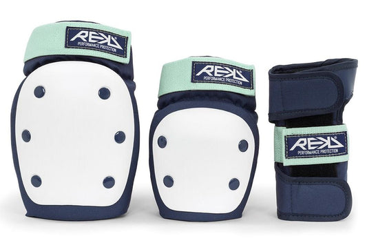 Introducing the REKD Heavy Duty Triple Skate Protection Pad Set in Blue and Mint, an essential for skaters desiring top-level protection. This set features two knee pads with white fronts and blue edges, impact-resistant wrist guards with a blue strap, and each piece prominently showcases the "REKD Performance Protection" label.