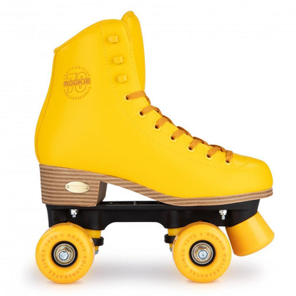 The Rookie Classic 78 Quad Roller Skates - Yellow, by Rookie, boast a bright yellow high-top boot on a black base with matching yellow wheels. They feature a wooden-look heel, side logo, vegan-friendly materials, yellow laces, and toe stop for style and eco-consciousness.