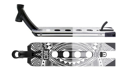 The CORE CL1 Black / Chrome Split LE Stunt Scooter Deck, measuring 5" x 19", is showcased with a cutout design. It includes a geometric graphic on the underside featuring "CORE" in bold letters. This deck is optimized for park use and has been tested by the pro team to ensure superior performance.