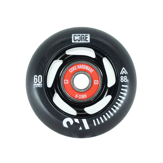 A close-up of a CORE Aero 88A Inline Skates Wheel in black, featuring white and red accents, perfect for an enhanced skating experience. The wheel showcases the "CORE" branding along with technical specifications of "60 mm" and "88A". Additionally, the central hub is red with more branding details.