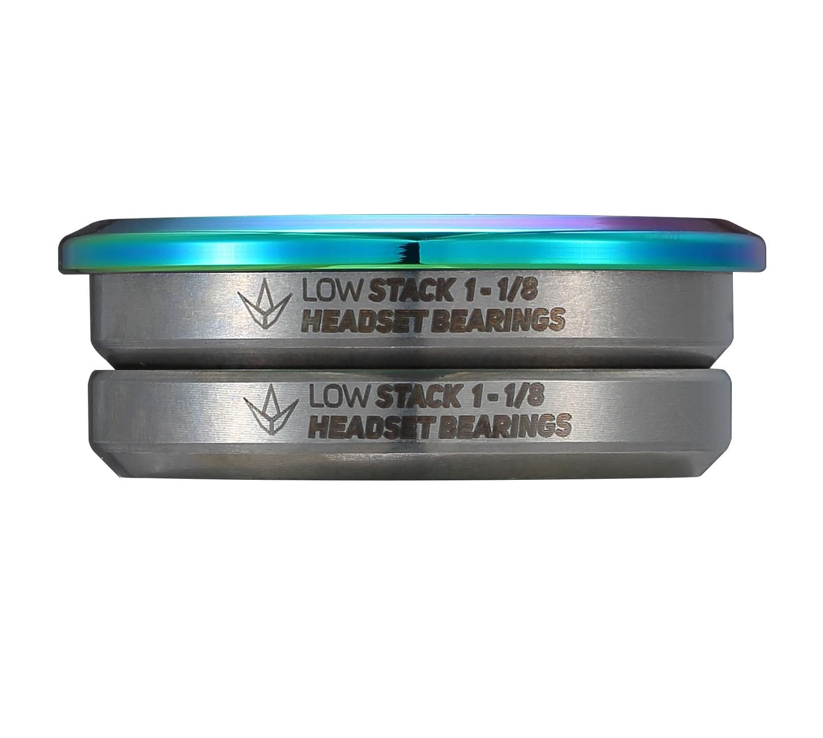 A vibrant arrangement of headset bearings, ideal for a stunt scooter headset, labeled as "Blunt Envy Low Stack IHC Integrated Stunt Scooter Headset - Oil Slick Neochrome." The top bearing boasts a metallic gradient while the bottom is silver with sealed bearings. The Blunt Envy logo and text are engraved on the side surfaces.