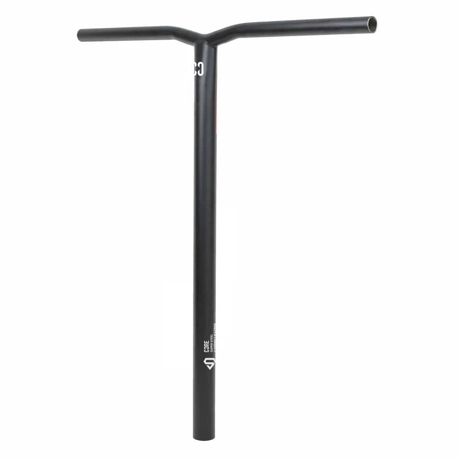 The CORE Apollo Super Steel Oversized SCS Stunt Scooter Bars in black feature a T-shaped design with a central support tube and two horizontal grips. Constructed from Chromoly 4130, these scooter bars are sleek and minimally branded near the base, making them ideal for stunts. The dimensions are 680mm x 610mm.