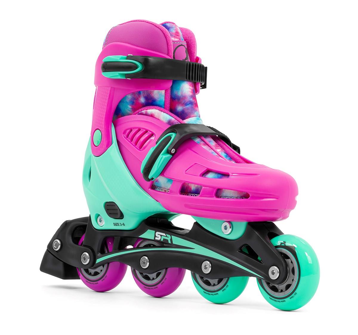 The SFR Cyclone II Adjustable Inline Skates - Tie Dye by SFR features a vibrant pink and turquoise boot complemented by a black frame and colorful PU wheels. Designed with eye-catching patterns, adjustable sizing, and secure straps, these skates are ideal for exciting recreational skating adventures.