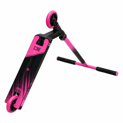 The CORE CD1 Complete Stunt Scooter in pink and black is perfect for beginner riders with its sleek design. It includes a pink grip on the handlebars and wheels, an aluminum deck featuring a pink section with "CORE" branding, and a sturdy black frame. The scooter is stylishly positioned diagonally.