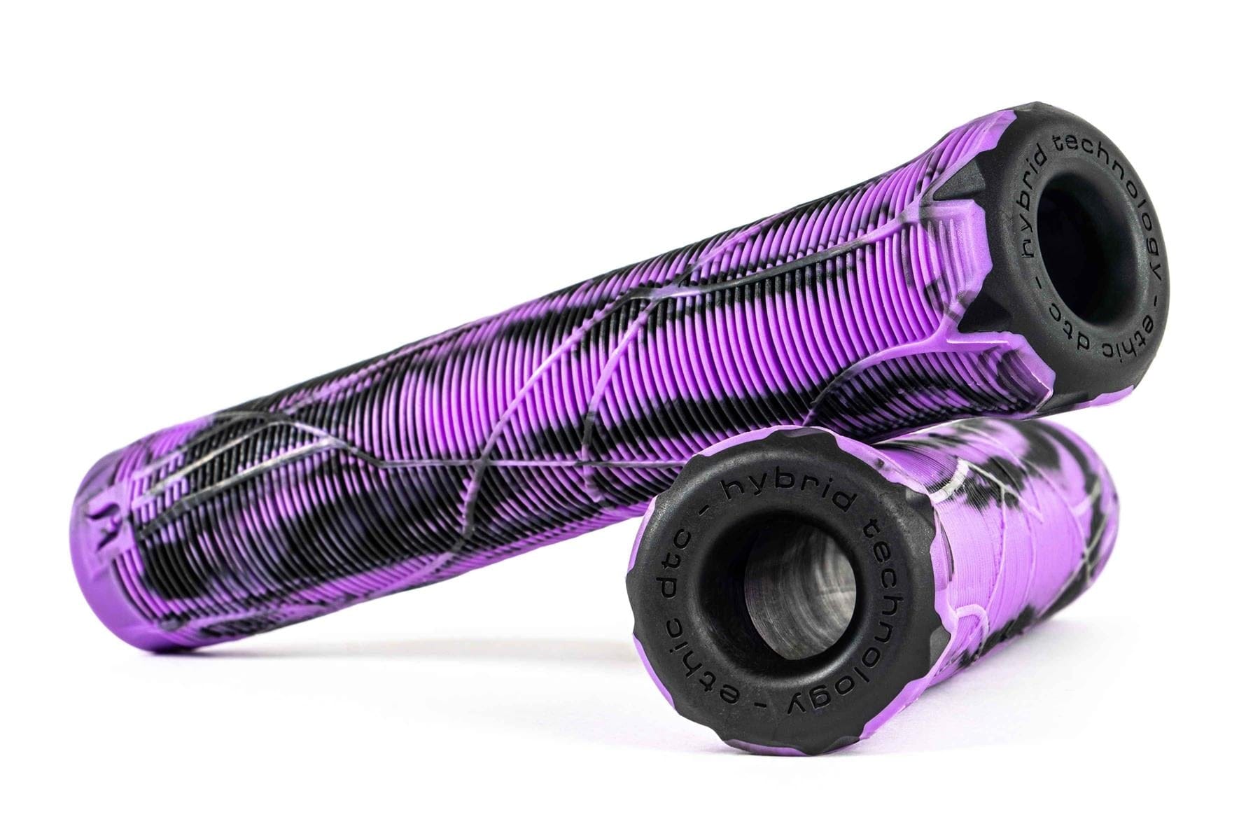 Two Ethic Slim Purple/Black Scooter Grips, 160mm, with a textured design and integrated bar ends, are crisscrossed on a white background. These grips from Ethic add style and functionality to your ride.