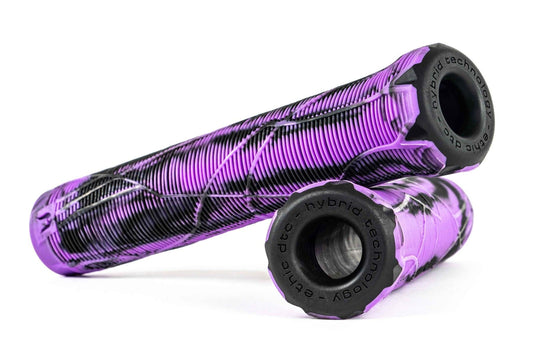 Two Ethic Slim Purple/Black Scooter Grips, 160mm, with a textured design and integrated bar ends, are crisscrossed on a white background. These grips from Ethic add style and functionality to your ride.